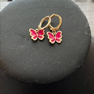 Gold and Pink Butterfly Hoop Earrings